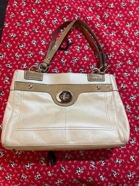 Coach Penelope Cream Leather Tote with Tan Trim and Turn-Lock